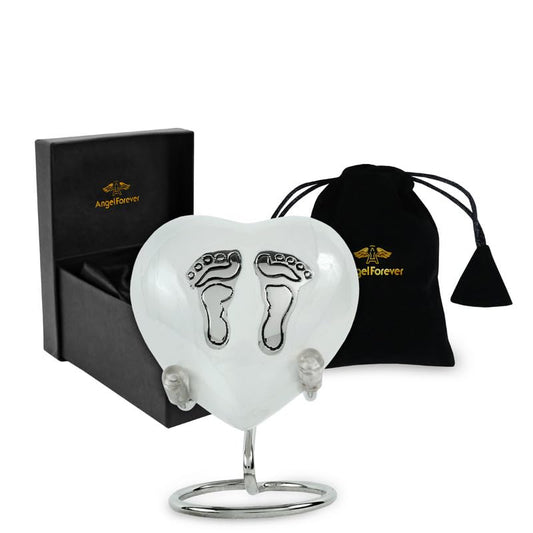 Small Baby Feet Urns for Human Ashes Keepsake - Memorial Keepsake Urn for Ashes for Women & Men - Heart Urn with Stand & Box - Honor Your Loved One 3 Cubic Inches (White Enamel)
