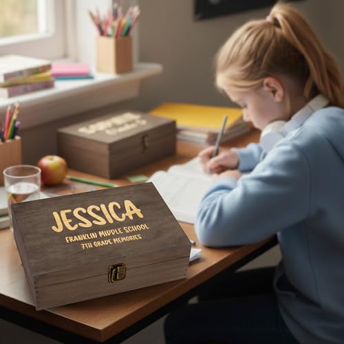 Personalized School Years Memory Box, Engraved Keepsake Chest for Kids | Holds photos, artwork & report cards. Add name, grade, school & class year; 4 sizes, 4 finishes, optional inside engraving. - style: 18. Kids School Memory Box
