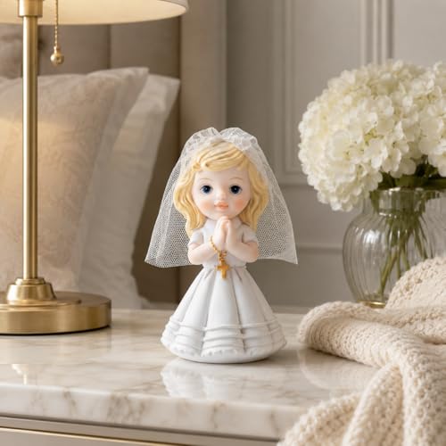 Comfy Hour First Communion Figurine, Praying Girl Statue with Rosary - color: White With Blonde Hair