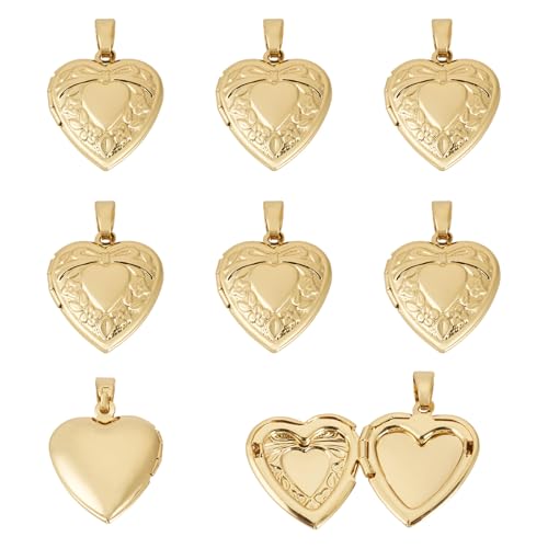 Beadthoven 10pcs Real 18K Gold Plated Heart Locket Pendants Engraved Heart with Bow Knot Flowers Photo Frame Charms Photo Holder Memory Locket Pendants for DIY Necklace Jewelry Making - color: Gold-Heart with Bow Knot