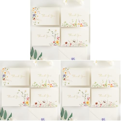 Crisky Thank You Cards 4 Assortment, Gold Foil Watercolor WildFlowers (50 Cards with Envelopes for Birthday, Baby Shower, Bridal Shower, Wedding, All Occasion) (Pack of 3) - size: 50 PCS (Pack of 3)