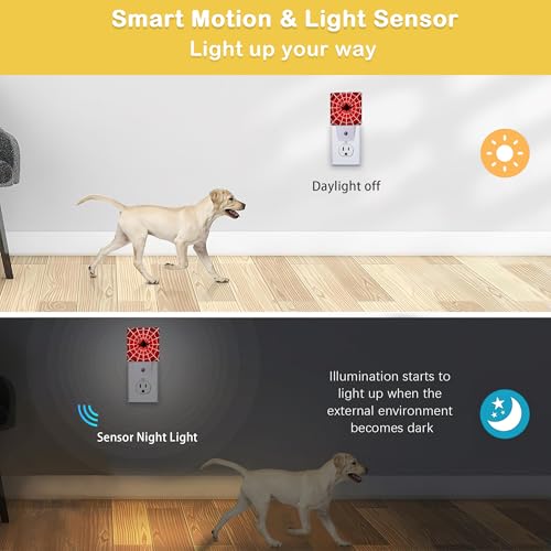 Red Spider Web Night Light with Dusk to Dawn Light Sensors, Plug-in Wall Led Night Lights, Energy Efficient Lamp for Bedroom/Bathroom/Kitchen/Hallway/Stairs - color: Red Spider Web