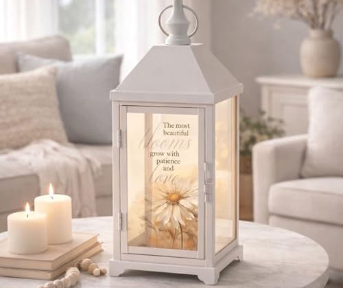 Magnolia Garden 14 Inch White Metal Traditional Lantern – LED Candle Home Decor – Floral Design – “The Most Beautiful Blooms Grow with Patience and Love - size: 5.25 x 5.25 x 14, style: Most Beautiful Blooms