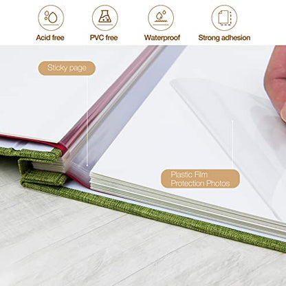 potricher Self Adhesive Photo Album 40 Pages, Linen cover, Green | Photo Album Self Adhesive 4x6 5x7 8x10 Pictures, Linen Cover DIY Scrapbook Albums for Family, Wedding, Baby, Anniversary - color: Green, size: 11x10.6 Inches 40 Pages