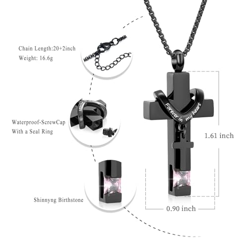 Oinsi Black Cross Urn Necklace For Ashes Of Loved Ones With Birthstone Always In My Heart Cremation Jewelry Keepsake Pendant Women Men - color: Pink Stone
