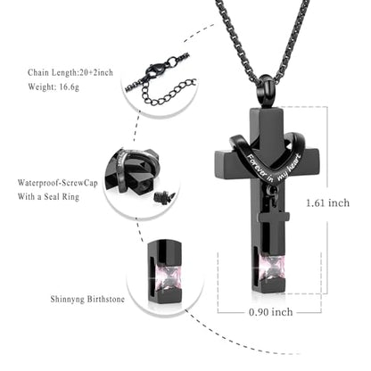 Oinsi Black Cross Urn Necklace For Ashes Of Loved Ones With Birthstone Always In My Heart Cremation Jewelry Keepsake Pendant Women Men - color: Pink Stone