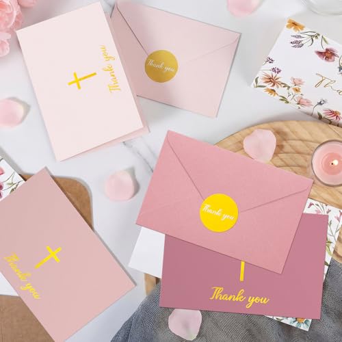 Resurhang 30 Pack Baptism Thank You Cards with Envelope and Stickers 4 x 6 Inch Gold Foil Embossed Cross Blank Inside Cards Bulk for Baptism Funeral Baby Shower Party Supplies(Pink) - color: Pink