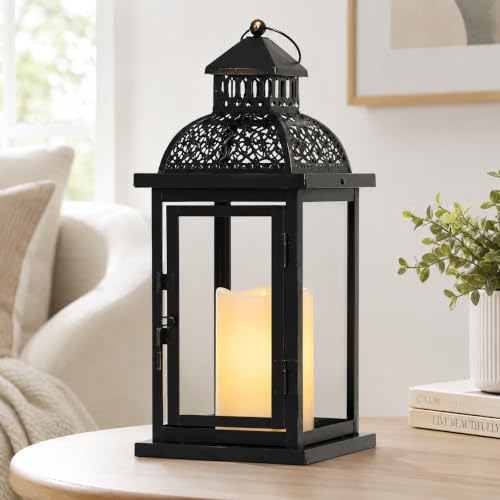No Glass Lanterns Decorative Indoor & Outdoor, 15'' Candle Lantern Decorative Christmas Indoor Outdoor Decor, Vintage Metal Hanging Lanterns with LED Candle for Patio, Front Porch,Yard, Table - color: Black / 15''h / Led Candle, size: Large