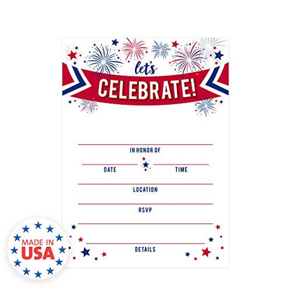 Canopy Street Patriotic Party Invitations / 25 American Event Invites / 5" x 7" Flat Invite Cards With White Envelopes/Red White And Blue Invites/Made In The USA - style: Fireworks