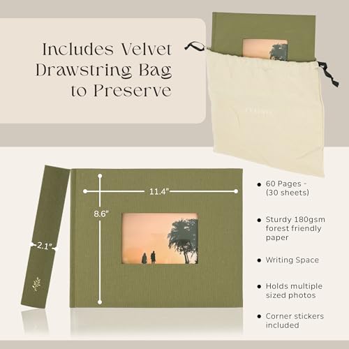 Premium Scrapbook Album with Window and Writing Space – 60 Pages holds 200 Photos of Different Sizes – Wedding, Baby, Travel & Family Memories – 11.4" x 8.6" - Olive - color: Olive, size: Small w/ Window