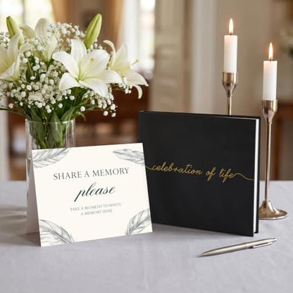 Funeral Guest Book for Celebration of Life, in Loving Memory Sign in Book | 320 Entries, Table Sign Card Included, Gold Stamping, Twill-Textured Paper Cover, Memorial Keepsake, 9x7.5", Black - color: Black