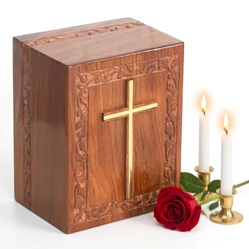 Wooden Cross Carved Rosewood Cremation Urn for Human Ashes (Rosewood Border Craving) - color: Brown