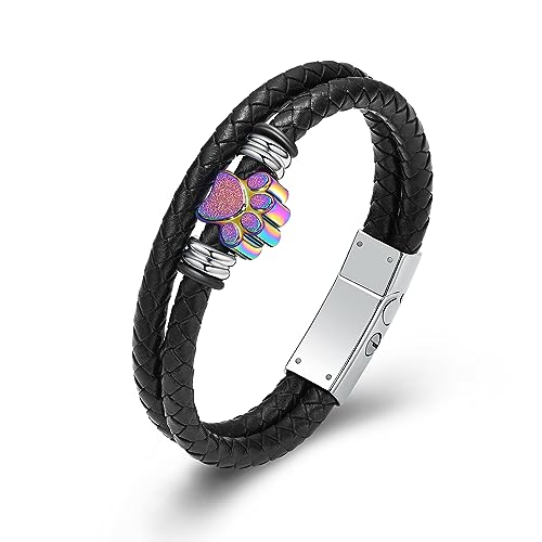 Hearbeingt Paw Print Urn Bracelet for Pet Cremation Jewelry for Ashes Leather Memorial Bracelets for Women Men Stainless Steel Cat Dog Keepsake Bangle Jewelry for Ashes of Loved Ones - color: Colorful 22cm