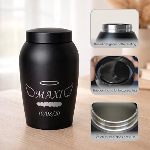 Personalized Cremation Keepsake Pet Ashes Urn Waterproof with Airtight Closure Customized Text Engraving Vase Container Memorial Dog Cat Funeral Decorative (Name w/Angel Wings & Halo)