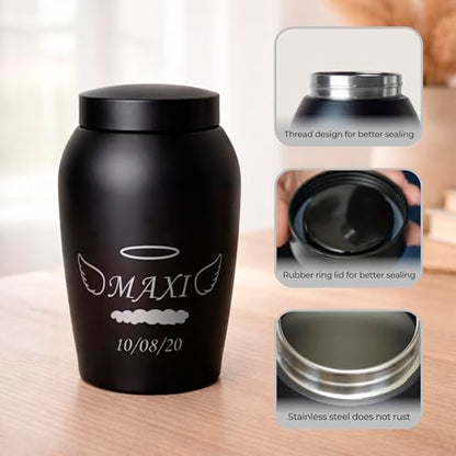 Personalized Cremation Keepsake Pet Ashes Urn Waterproof with Airtight Closure Customized Text Engraving Vase Container Memorial Dog Cat Funeral Decorative (Name w/Angel Wings & Halo)