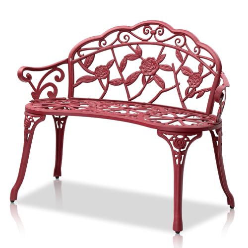 VINGLI 38.5" Patio Park Garden Outdoor Metal Rose Bench, 2-Person Cast Iron Cast Aluminium Frame Antique Finish Chair,Accented Lawn Front Porch Path Yard Decor Deck Furniture (Red, Rose) - color: Red