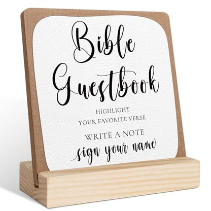 Bible Guest Book Sign, Wedding Signs for Ceremony and Reception, Bridal Shower Centerpieces for Tables, Marriage Reception, Bridal Shower Party Favors, Wedding Sign with Wooden Base - color: Bible Guest Book