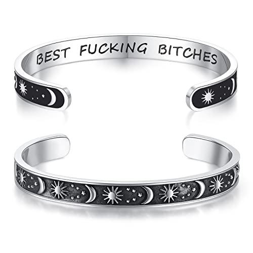 TONY & SANDY Inspirational Bracelets for Women Teen Girls Personalized Gifts for Daughter Granddaughter Mom Sister Friends Stainless Steel Engraved Cuff Birthday Easter Christmas - style: A - Friends Gifts - Sun Moon - Best f@cking Bitches