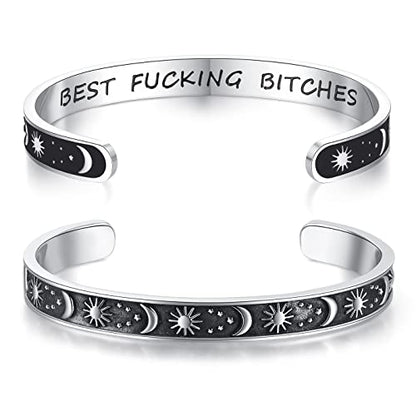 TONY & SANDY Inspirational Bracelets for Women Teen Girls Personalized Gifts for Daughter Granddaughter Mom Sister Friends Stainless Steel Engraved Cuff Birthday Easter Christmas - style: A - Friends Gifts - Sun Moon - Best f@cking Bitches