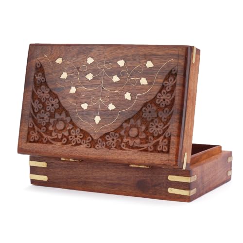 Ajuny Wooden Jewellery Box Brass Inlay Hand Carved Keepsake Chest 8x5