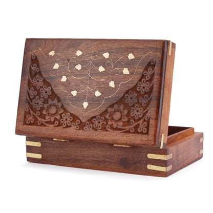 Ajuny Wooden Jewellery Box Brass Inlay Hand Carved Keepsake Chest 8x5
