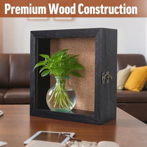 15x15 Extra Deep Large Shadow Box, 4-Inch Exterior Depth, Solid Wood, Black | Solid wood, hinged door, metal latch, extra-deep display for photos, bouquets, pet keepsakes, baby items and wedding mementos - size: 15x15