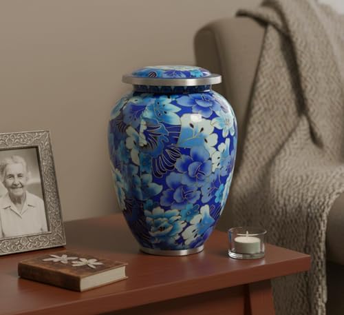 eSplanade Metal Cremation Urn Memorial Jar Pot Container | Full Size Urn for Funeral Ashes Burial | Flowers Printed Urn | Blue - 10" Inches