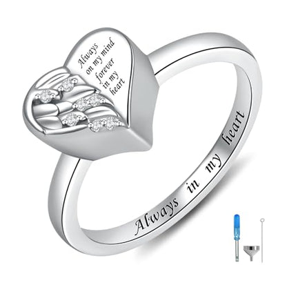 925 Sterling Silver Angel Wing Heart Cremation Urn Necklace Ring Set（#10）