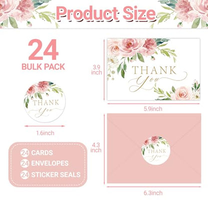24 Pack Thank You Cards with Envelopes Pink and Stickers, Floral Thank You Cards for Graduation, Summer Wedding Bridal Appreciation Banquet, Baby Shower, Graduation Ceremony, Birthday Greeting Letter - style: 24pcs - Pink Flower
