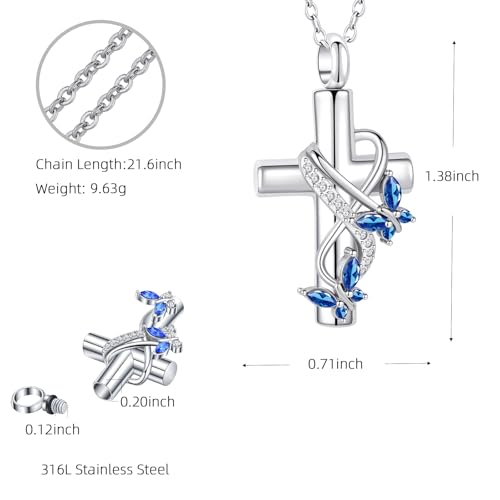 Cremation Jewelry for Ashes Pendant - Butterfly Cross Urn Necklace for Ashes Men Women with Mini Keepsake Urn Memorial Jewelry - color: Silver-Blue