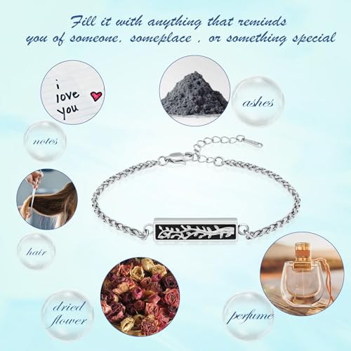 Tree of Life Urn Bracelets for Men Women Cylinder Bar Cremation Jewelry for Ashes Stainless Steel Adjustable Memorial Keepsake Bangle - color: Silver