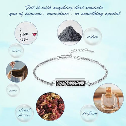 Tree of Life Urn Bracelets for Men Women Cylinder Bar Cremation Jewelry for Ashes Stainless Steel Adjustable Memorial Keepsake Bangle - color: Silver