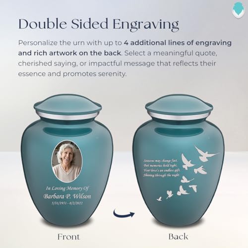 Geturns Embrace Adult Personalized Doves Cremation Urns for Human Ashes I Large Picture Teal Funeral Urn for Adult Men and Women with Double Side Engraving I 200 lbs - color: _Teal (Double Sided)