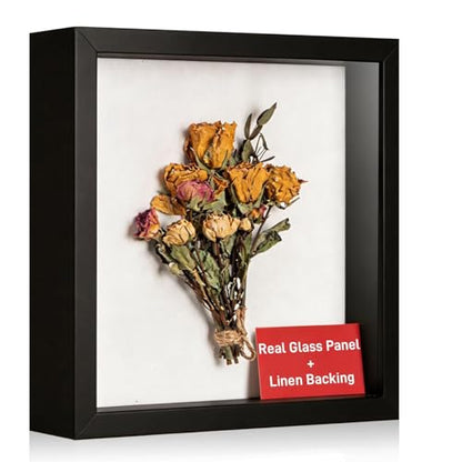 8x8 Shadow Box Frame with Ultra-Clear Glass & Soft Linen Back | With Push Pins and Stand, Deep 1.2" Black Shadow Box Display Case – Display on Tabletop or Wall for Photo, Flower, Keepsakes - color: Black+high Definition Panel + Shatter-proof Packaging, si