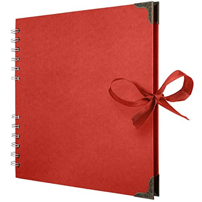Bstorify Square Scrapbook Photo Albums 8 x 8 Inch Red Thick Paper, Hardcover, Metal Corners, Ribbon Closure - Ideal for Your Scrapbooking Albums, Art & Craft Projects | Hardcover with Thick 200 GSM Kraft Paper, Ideal for Your Scrapbooking Albums, Art & Cr