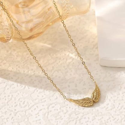 Silver/Gold Plated Angel Wing Pendant Necklace for Women Men | 18K Gold Guardian Angel Wings Feather Necklace Stainless Steel Simple Minimalist Necklaces Birthday Christmas Jewelry Gifts - color: Gold