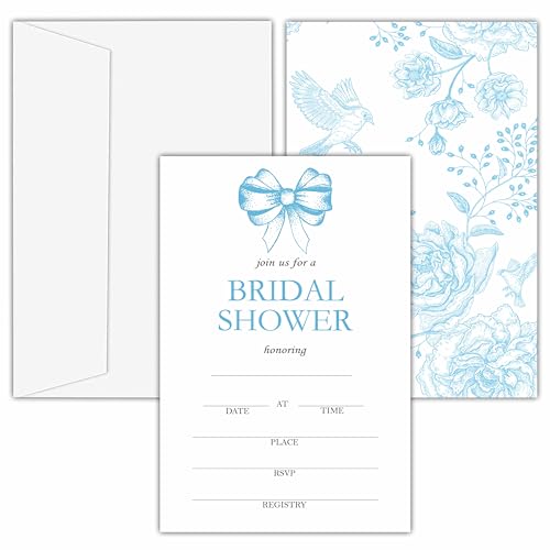 Bridal Shower Invitations, 25 Bow Invites with Envelopes for Bridal Shower Reception Engagement Party, Dusty Blue Toile Wedding Party Cards - B13 - style: Dusty Blue Bow Toile