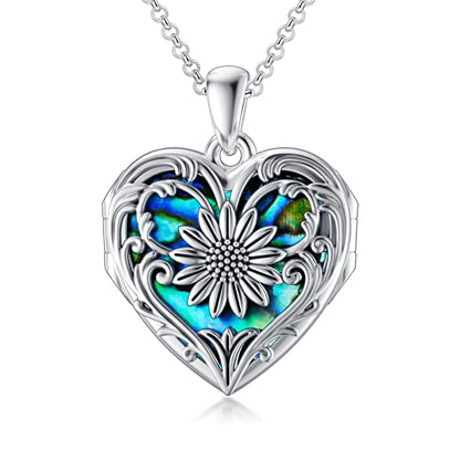 SOULMEET Personalized Silver Locket Necklace That Holds Pictures Photo Keep Someone Near to You, Memorial Custom Lockets Necklaces Letters Engraving for His Her - color: A5-Abalone sunflower-Black, style: Locket Necklace Only