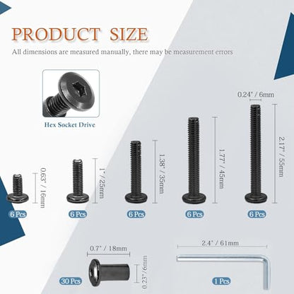 M6 Hex Drive Socket Cap Bolt Kit, Black, 30 Sets | M6x16/25/35/45/55mm, Includes Allen Wrench, Countersunk Screw Barrel Nuts, Binding Screws, For Cabinet - color: Black, size: M6x16/25/35/45/55mm
