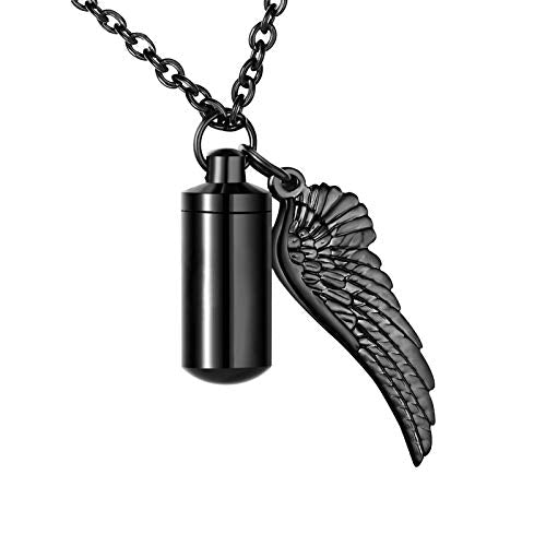 Dletay Cylinder Cremation Urn Necklace for Ashes Memorial Keepsake Pendant with Angel Wing Stainless Steel Remembrance Jewelry - color: Black-S, style: non-engraving