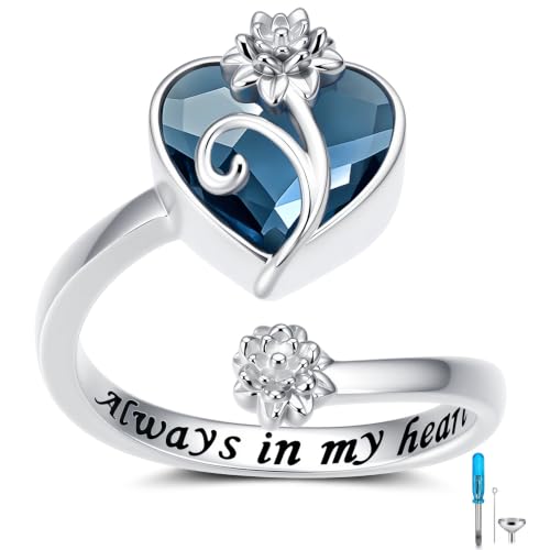 Swarovski Cremation Rings for Ashes for Women: Sterling Silver Adjustable Heart Urn Ring - Memorial Jewelry Hold Ashes of Loved Ones - color: Chrysanthemum