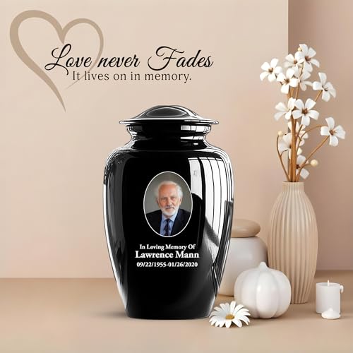 Custom Photo Cremation Urns for Human Ashes Adult Male Female - 200lbs Personalized Text Burial Urns for Human Ashes - Engraved Handcrafted Funeral Urn for Adult Velvet Bag, Black 10 Inch - color: Black