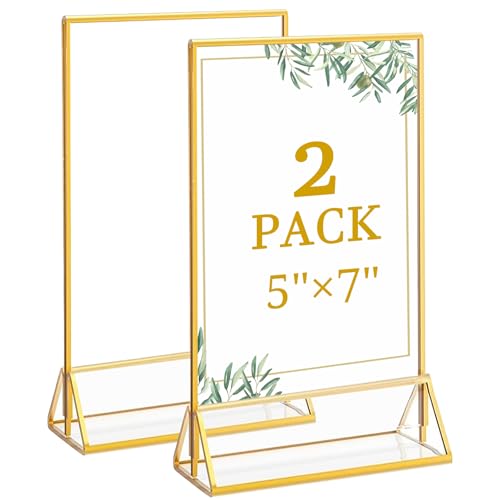 2 Pack 5x7 Inch Clear Acrylic Sign Holders, Double-Sided Gold Display Stand Picture Frames for Table Numbers, Menus, Flyers, Weddings, and Offices - color: Gold, size: 5" x 7"- 2 Pack