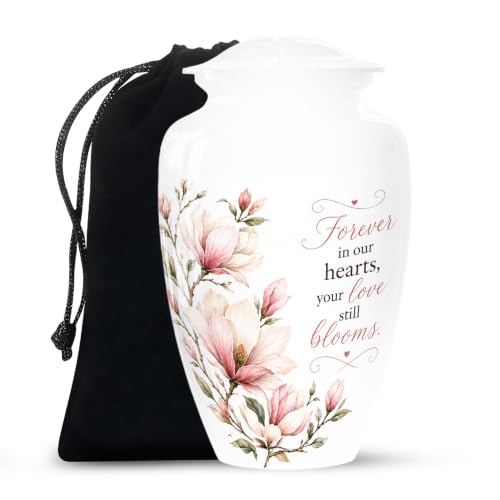 Pink Flower Urns for Human Ashes - Cremation Urn for Ashes for Women | White Urns for Human Ashes with Black Velvet Bag Holds Full Adult Ashes Secure Threaded Lid, Female, Floral 10 Inch - color: #12 Flower Urn, size: 10" Large Urn