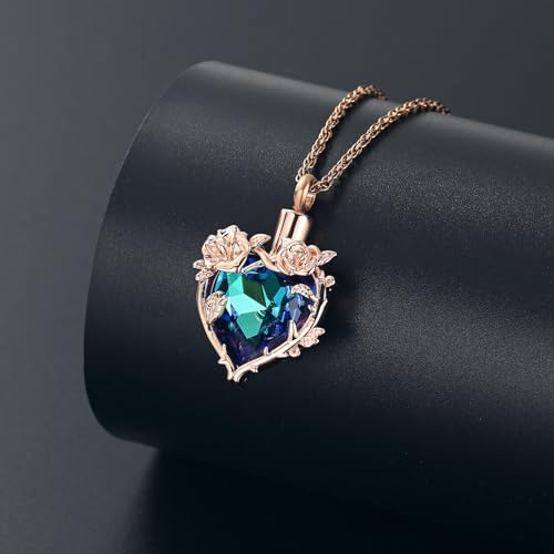 Cremation Jewelry for Ashes Rose Flower Urn Necklace with Crystal Heart Ashes Pendant Butterfly Necklaces for Women Men Memorial Keepsake Jewelry Gift - color: Rose-blue