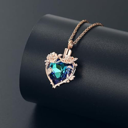 Cremation Jewelry for Ashes Rose Flower Urn Necklace with Crystal Heart Ashes Pendant Butterfly Necklaces for Women Men Memorial Keepsake Jewelry Gift - color: Rose-blue