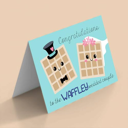Funny Wedding Card for Newlyweds – Waffle-y Wedded Silly Waffle Themed Greeting for Bride and Groom Wedding Day- Congratulations to the Happy Couple 4X6 inch Card with Silver Envelope Included - style: Waffle