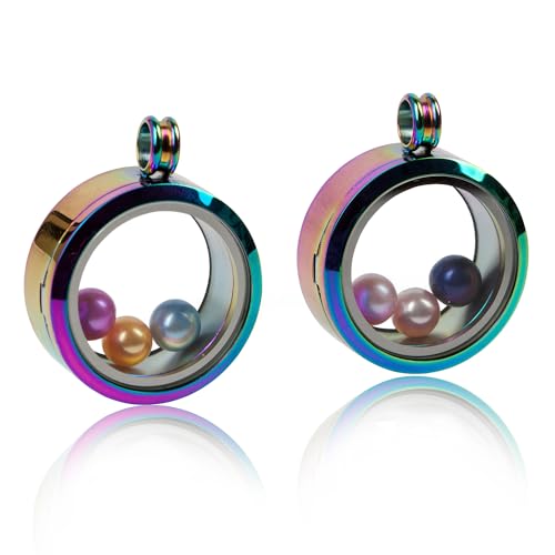 2PCS 30MM Floating Charm Locket Necklace with 6 Freshwater Pearls/Beads,316L Stainless Steel Clear Glass Locket,Small Waterproof Living Memory Pendant for Women(Without Chain) - color: Rainbow