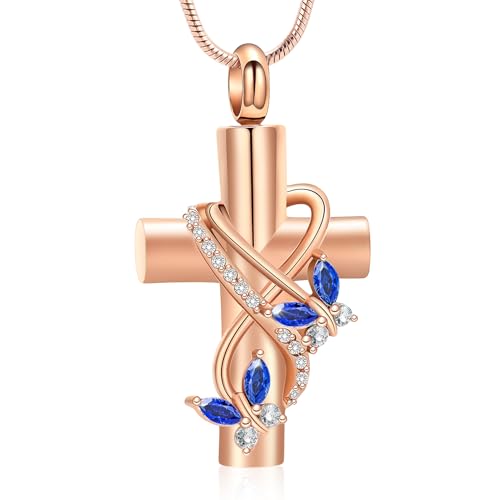 Butterfly Cross Cremation Jewelry Urn Necklaces Stainless Steel Cross Urn Necklaces for Ashes Memorial Keepsake Pendant for Women Gifts With Funnel Kit & Bag - color: Rose+Blue