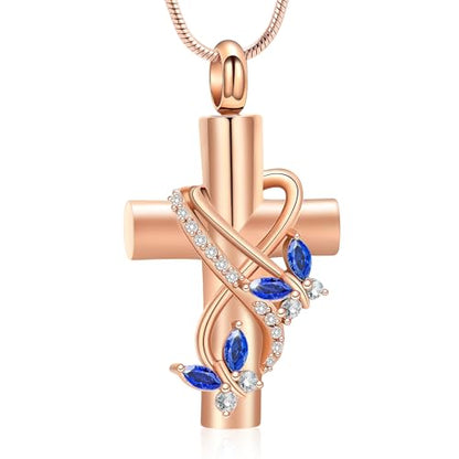 Butterfly Cross Cremation Jewelry Urn Necklaces Stainless Steel Cross Urn Necklaces for Ashes Memorial Keepsake Pendant for Women Gifts With Funnel Kit & Bag - color: Rose+Blue